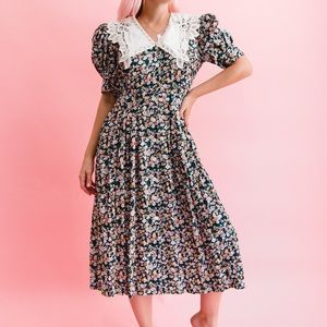 Vintage 90s Sailor Collar Floral Midi Dress S